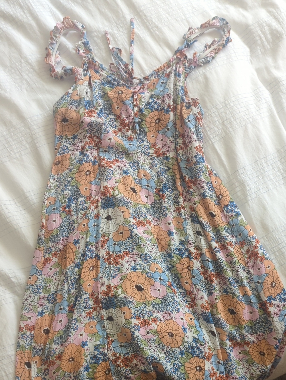 Japna Peach and Light Blue Floral Tie-Strap Dress Medium